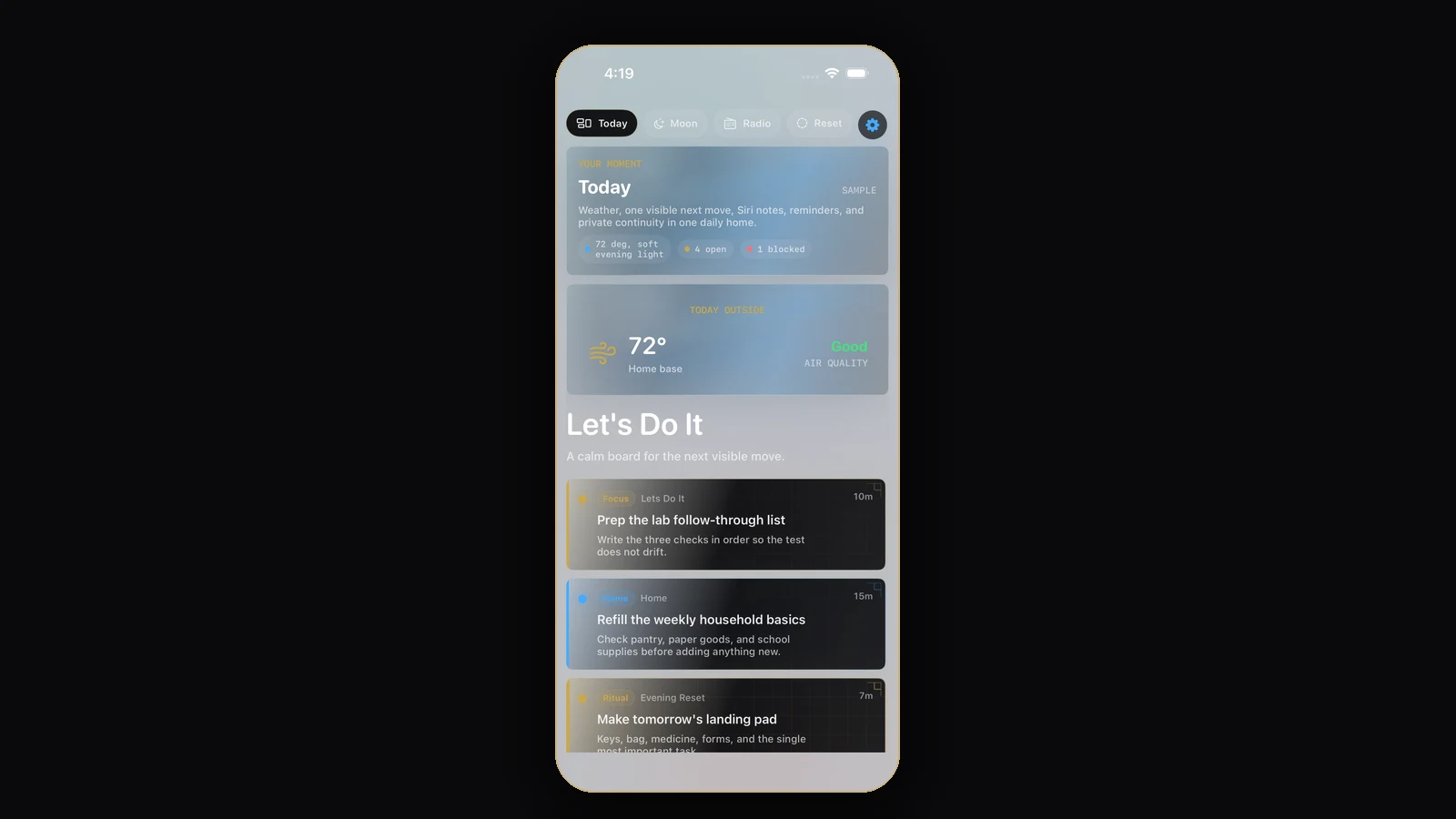 Live capture of Moment’s Today screen